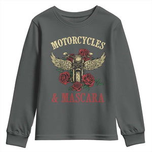 Motorcycle Women Biker Youth Sweatshirt Motorcycles And Mascara Roses TS14 Dark Heather Print Your Wear