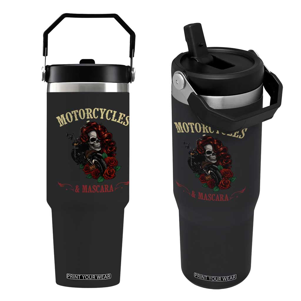 Skeleton Motorcycle Biker Flip Straw Tumbler Motorcycles And Mascara Roses TS14 One Size: 30 oz Black Print Your Wear