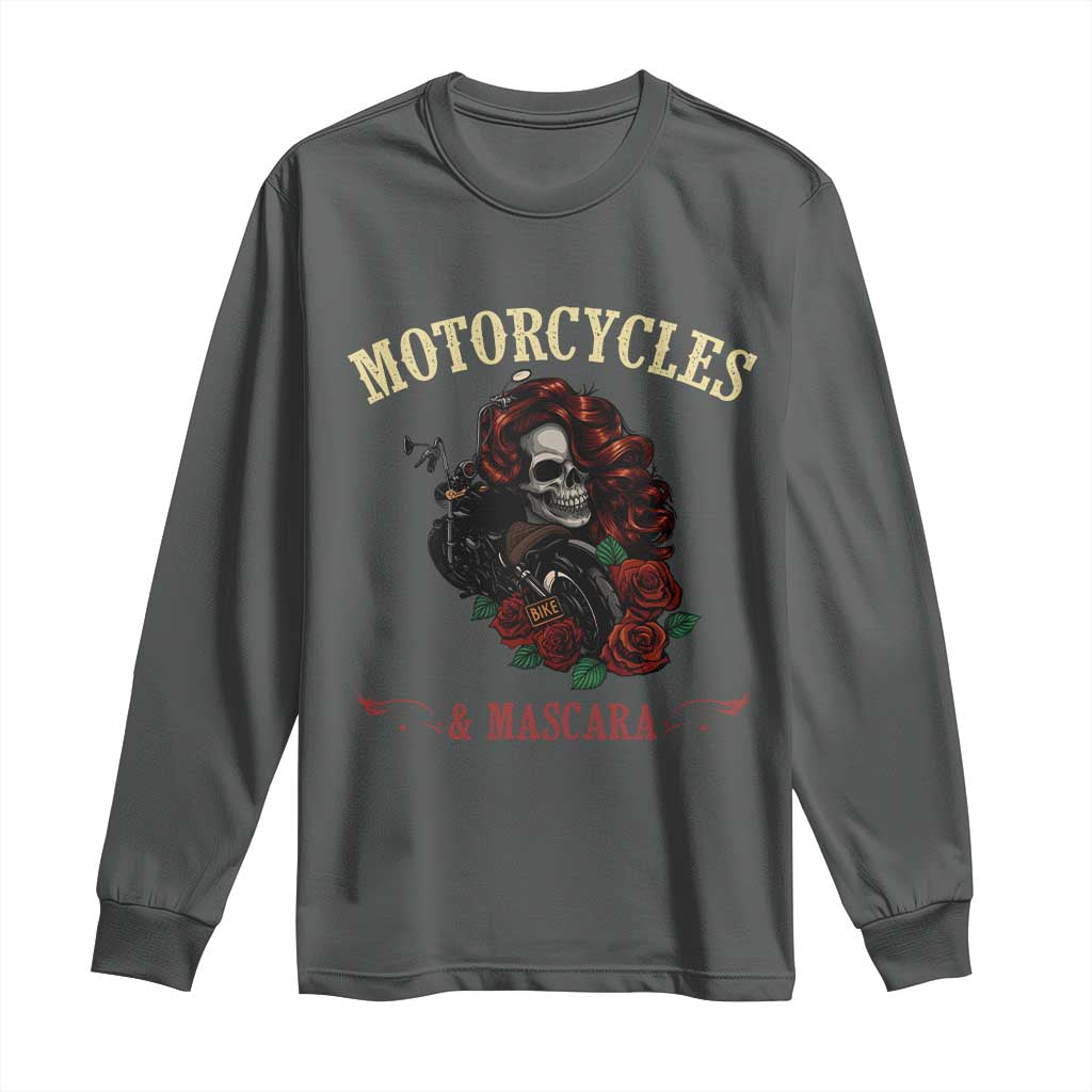 Skeleton Motorcycle Biker Long Sleeve Shirt Motorcycles And Mascara Roses TS14 Dark Heather Print Your Wear