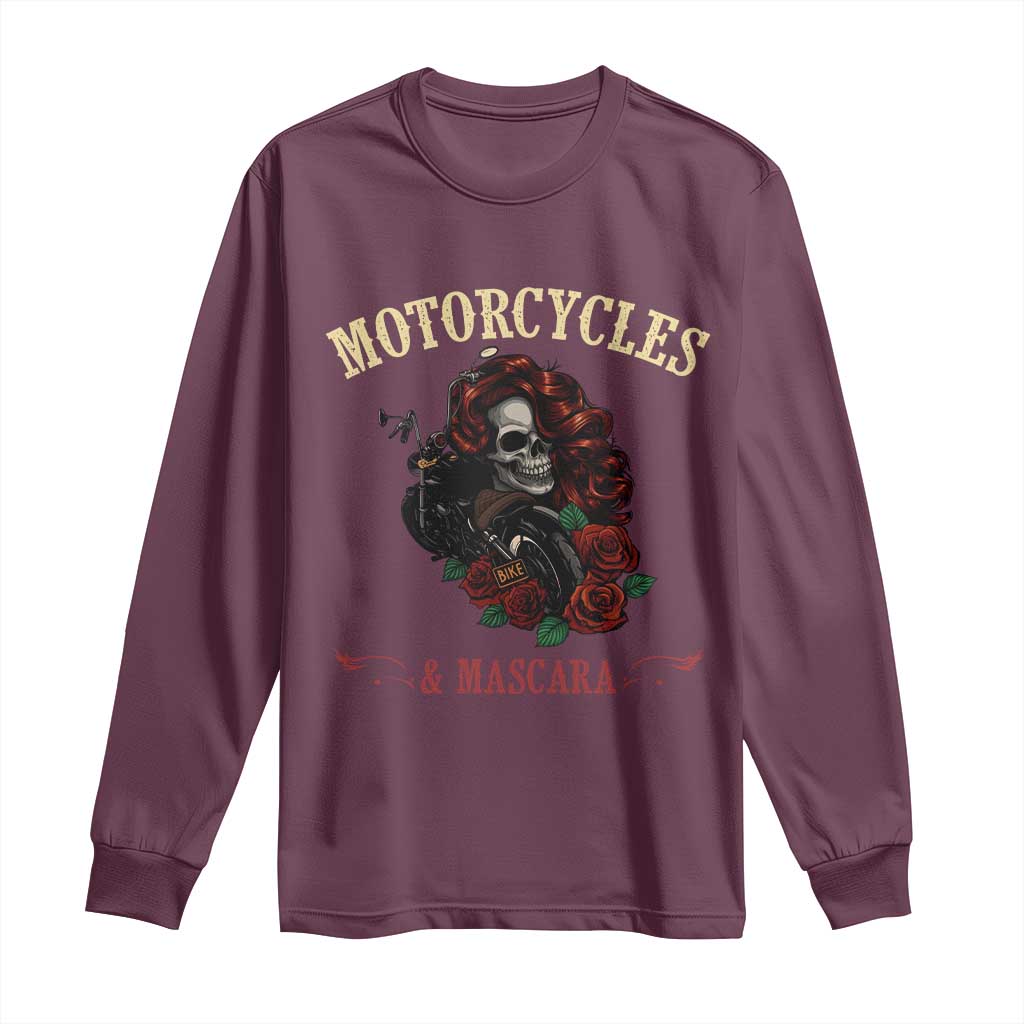 Skeleton Motorcycle Biker Long Sleeve Shirt Motorcycles And Mascara Roses TS14 Maroon Print Your Wear