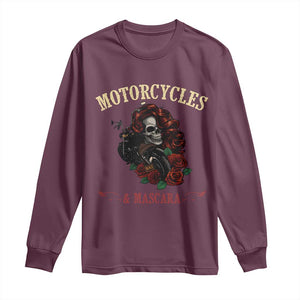 Skeleton Motorcycle Biker Long Sleeve Shirt Motorcycles And Mascara Roses TS14 Maroon Print Your Wear