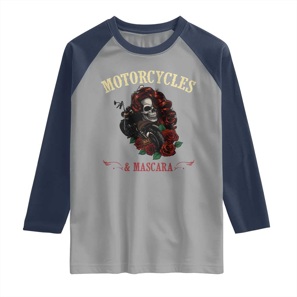 Skeleton Motorcycle Biker Raglan Shirt Motorcycles And Mascara Roses TS14 Sport Gray Navy Print Your Wear
