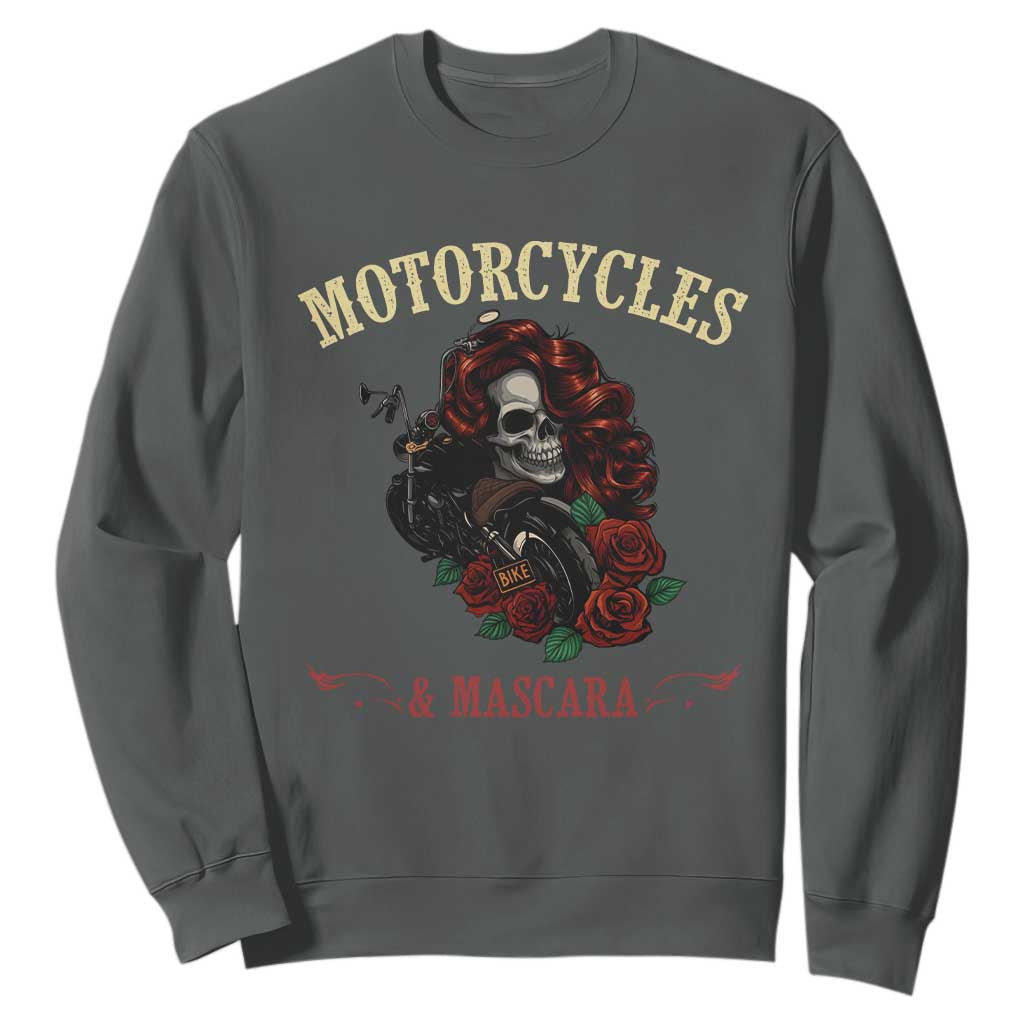 Skeleton Motorcycle Biker Sweatshirt Motorcycles And Mascara Roses TS14 Dark Heather Print Your Wear