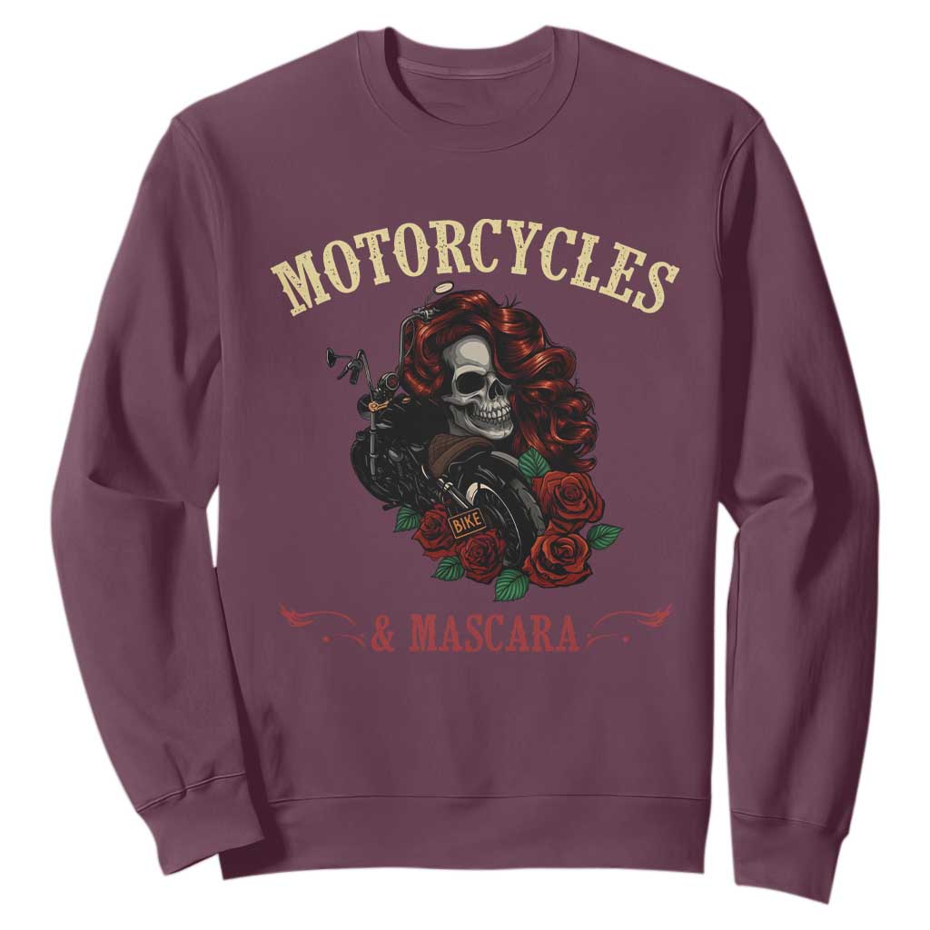 Skeleton Motorcycle Biker Sweatshirt Motorcycles And Mascara Roses TS14 Maroon Print Your Wear