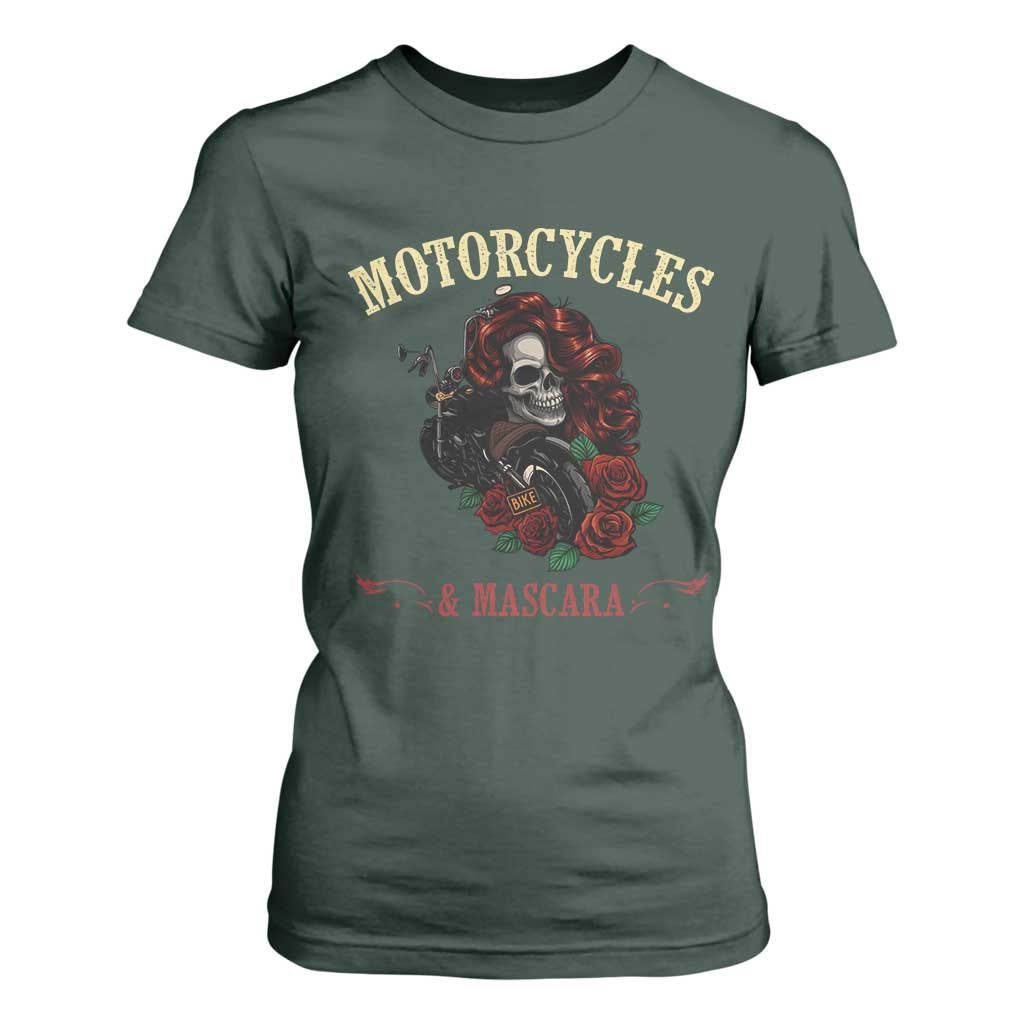 Skeleton Motorcycle Biker T Shirt For Women Motorcycles And Mascara Roses TS14 Dark Forest Green Print Your Wear