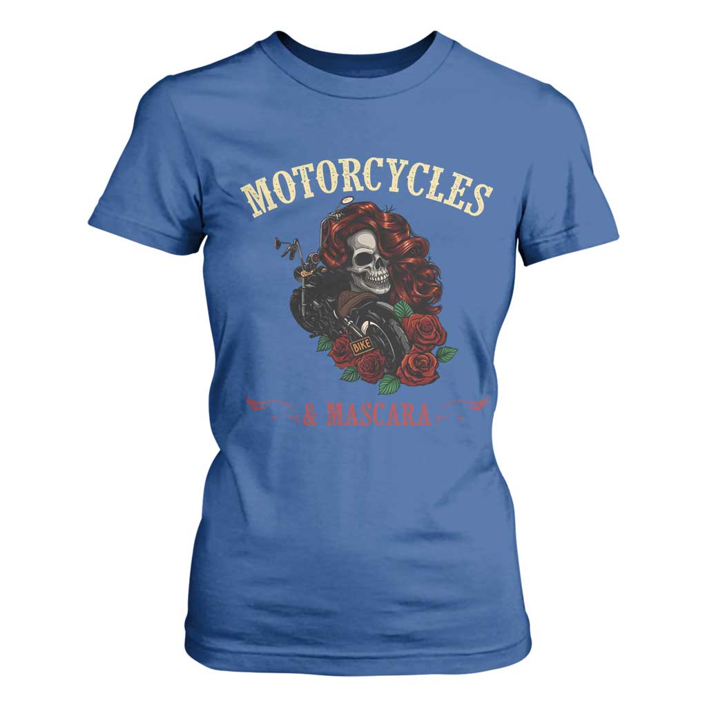 Skeleton Motorcycle Biker T Shirt For Women Motorcycles And Mascara Roses TS14 Royal Blue Print Your Wear