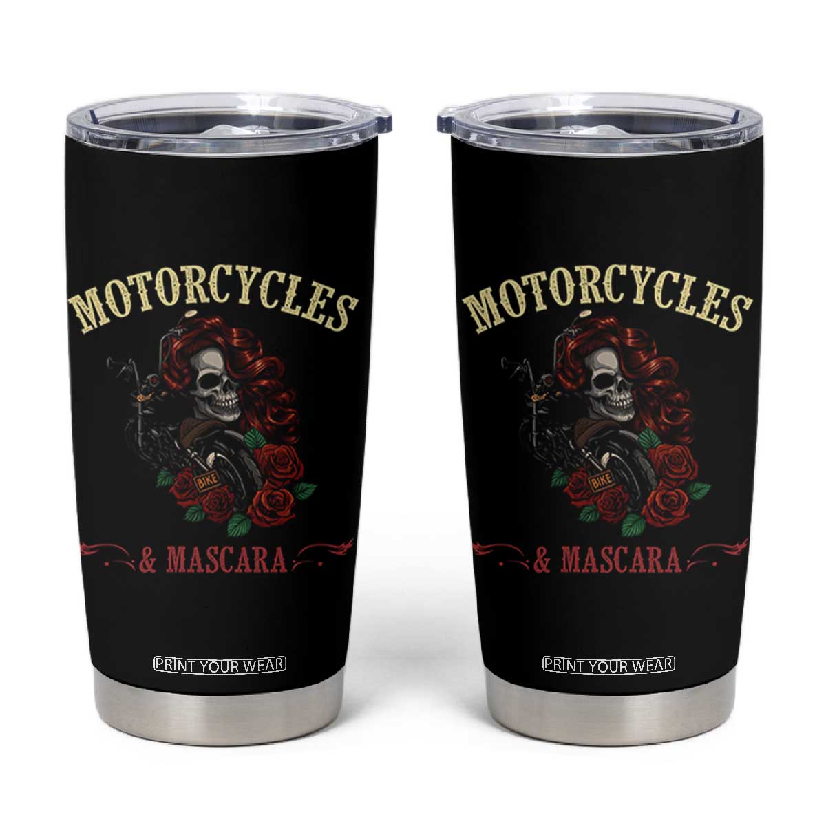 Skeleton Motorcycle Biker Tumbler Cup Motorcycles And Mascara Roses TS14 Black Print Your Wear
