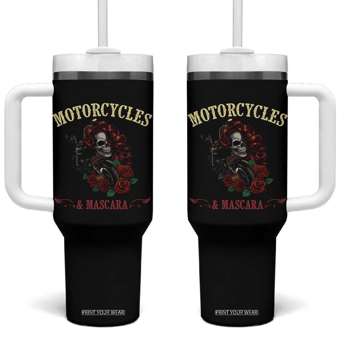 Skeleton Motorcycle Biker Tumbler With Handle Motorcycles And Mascara Roses TS14 One Size: 40 oz Black Print Your Wear
