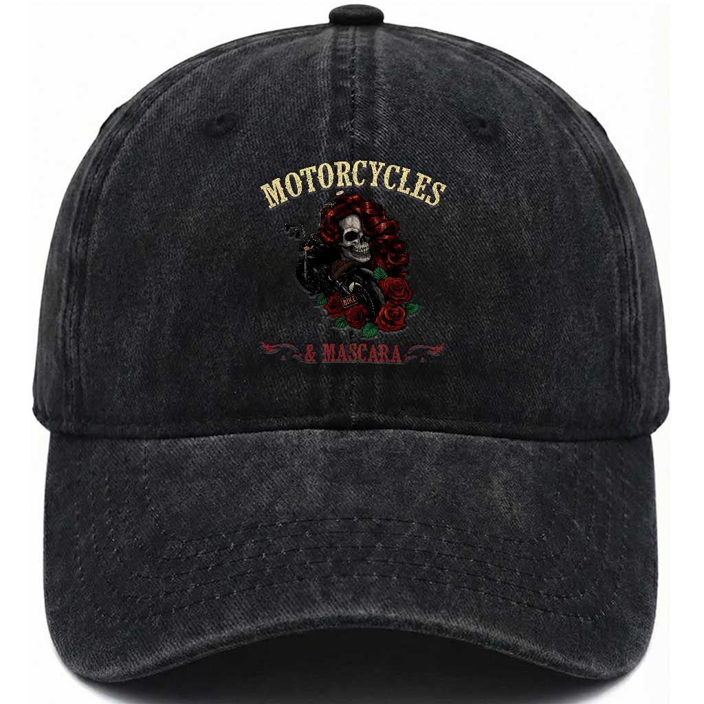 Skeleton Motorcycle Biker Washed Cotton Baseball Cap Motorcycles And Mascara Roses TS14 Washed Cap Universal Fit Black Print Your Wear