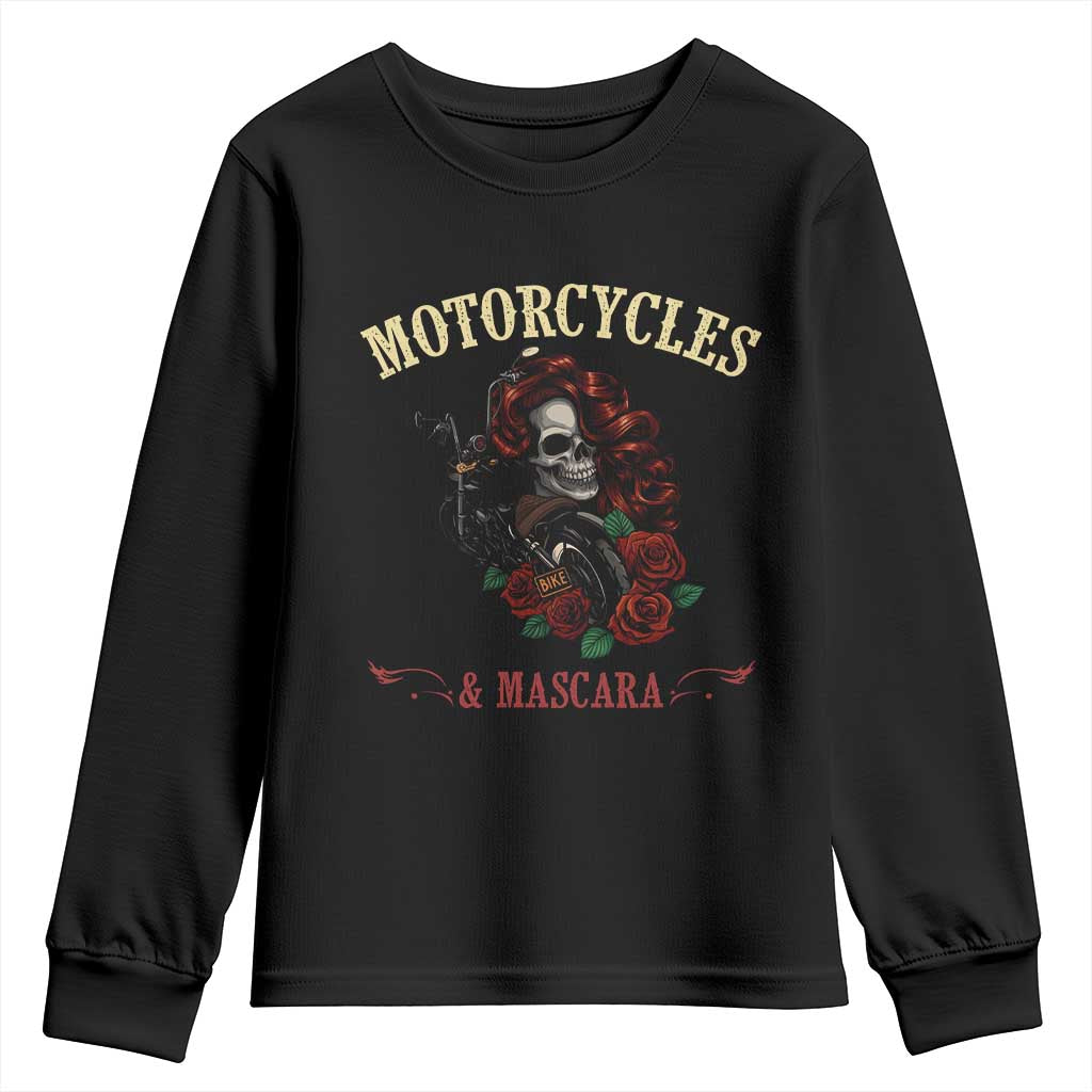 Skeleton Motorcycle Biker Youth Sweatshirt Motorcycles And Mascara Roses TS14 Black Print Your Wear