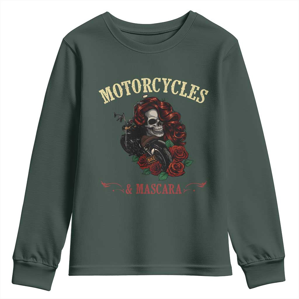Skeleton Motorcycle Biker Youth Sweatshirt Motorcycles And Mascara Roses TS14 Dark Forest Green Print Your Wear