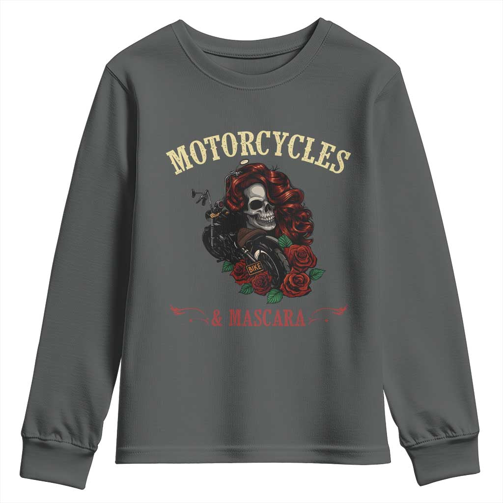 Skeleton Motorcycle Biker Youth Sweatshirt Motorcycles And Mascara Roses TS14 Dark Heather Print Your Wear