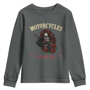 Skeleton Motorcycle Biker Youth Sweatshirt Motorcycles And Mascara Roses TS14 Dark Heather Print Your Wear