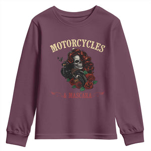 Skeleton Motorcycle Biker Youth Sweatshirt Motorcycles And Mascara Roses TS14 Maroon Print Your Wear