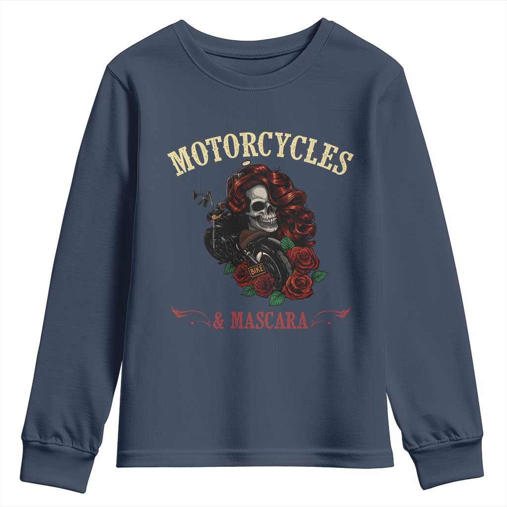 Skeleton Motorcycle Biker Youth Sweatshirt Motorcycles And Mascara Roses TS14 Navy Print Your Wear