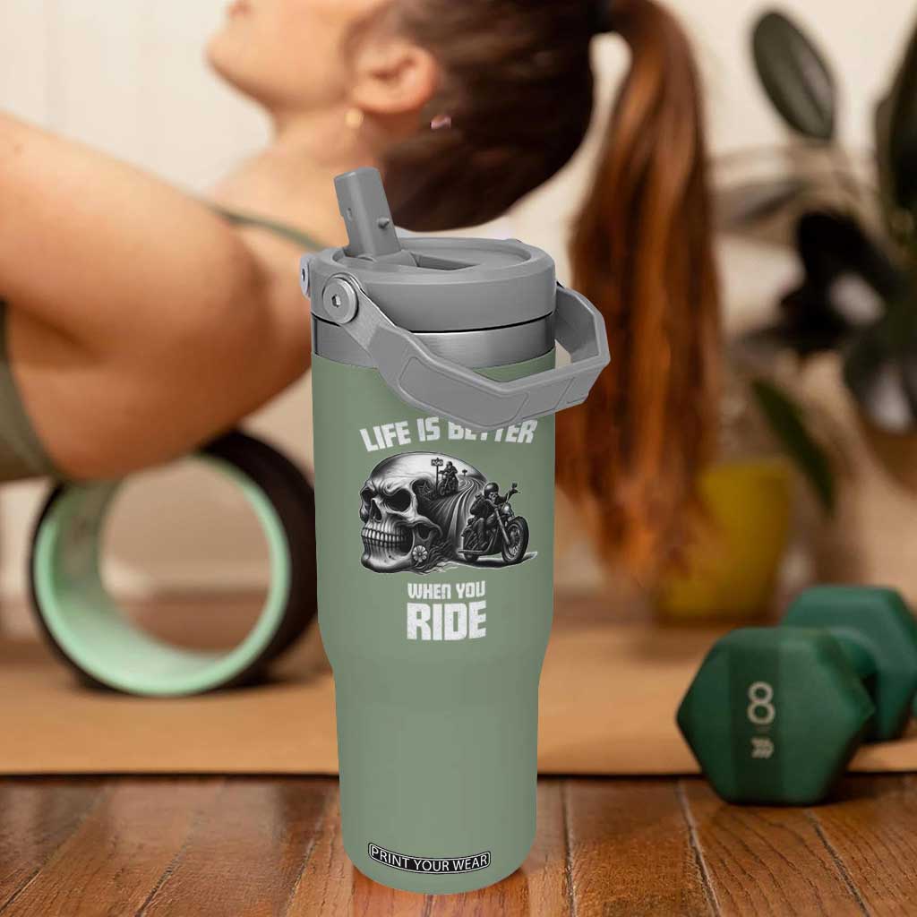 Funny Biker Skeleton Motorcycle Rider Flip Straw Tumbler Life Is Better When You Ride TS14 One Size: 30 oz Moss Green Print Your Wear