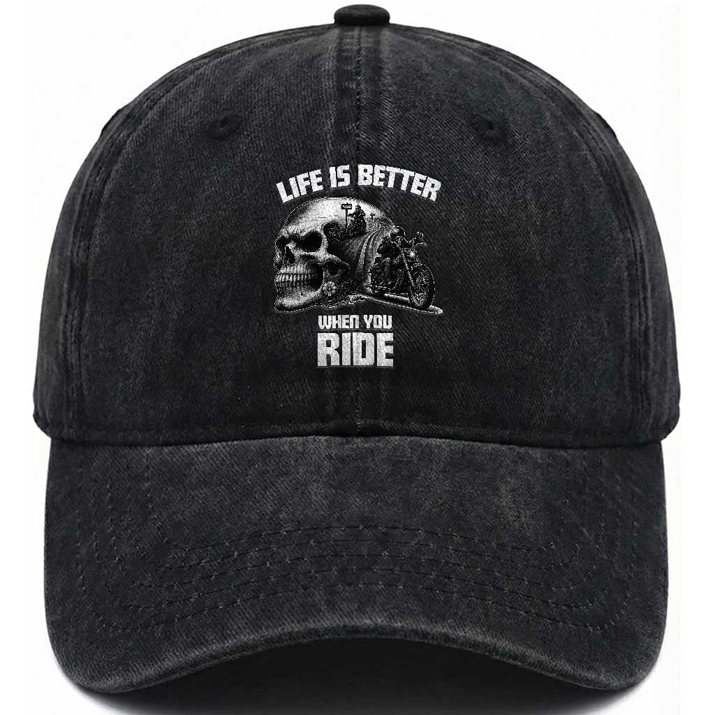 Funny Biker Skeleton Motorcycle Rider Washed Cotton Baseball Cap Life Is Better When You Ride TS14 Washed Cap Universal Fit Black Print Your Wear