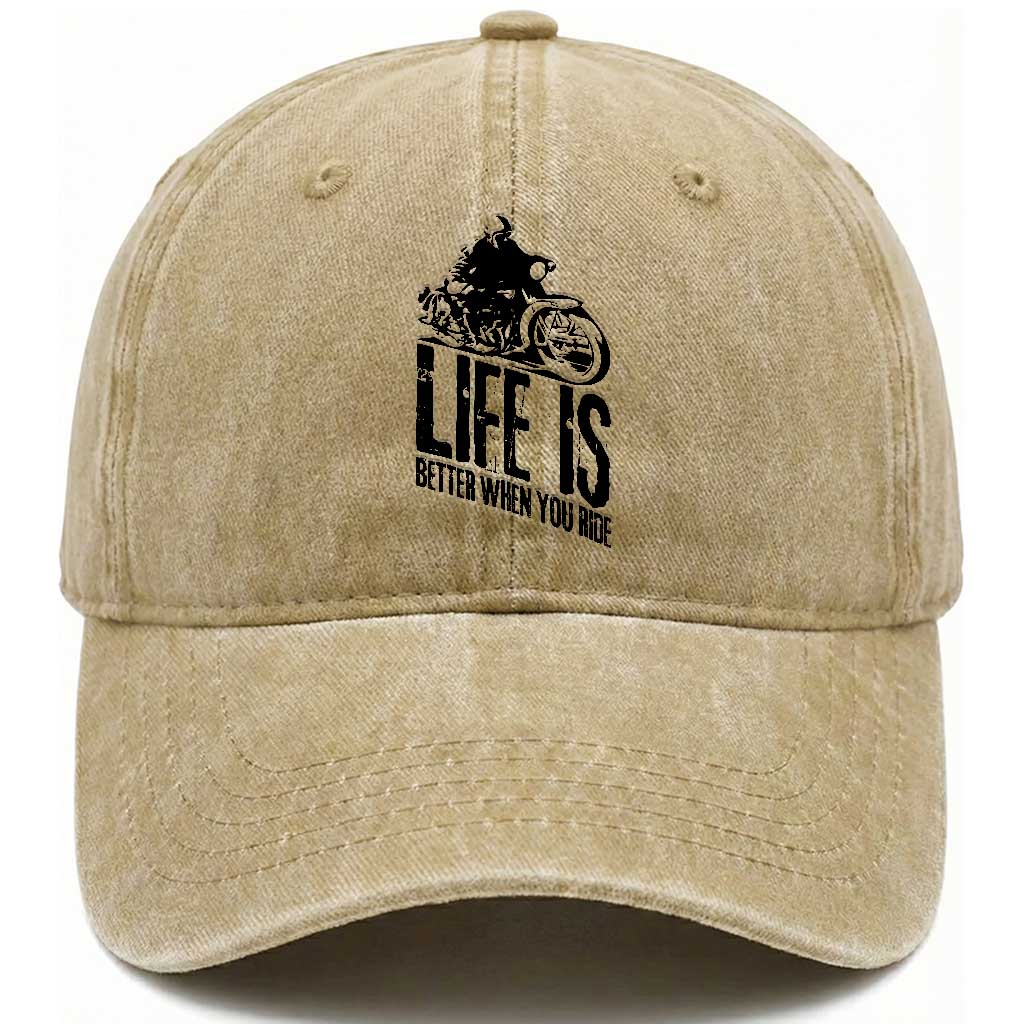 Funny Motorcycle Biker Washed Cotton Baseball Cap Life Is Better When You Ride TS14 Washed Cap Universal Fit Khaki Print Your Wear