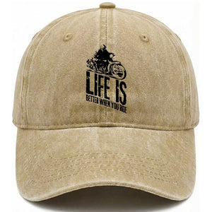 Funny Motorcycle Biker Washed Cotton Baseball Cap Life Is Better When You Ride TS14 Washed Cap Universal Fit Khaki Print Your Wear