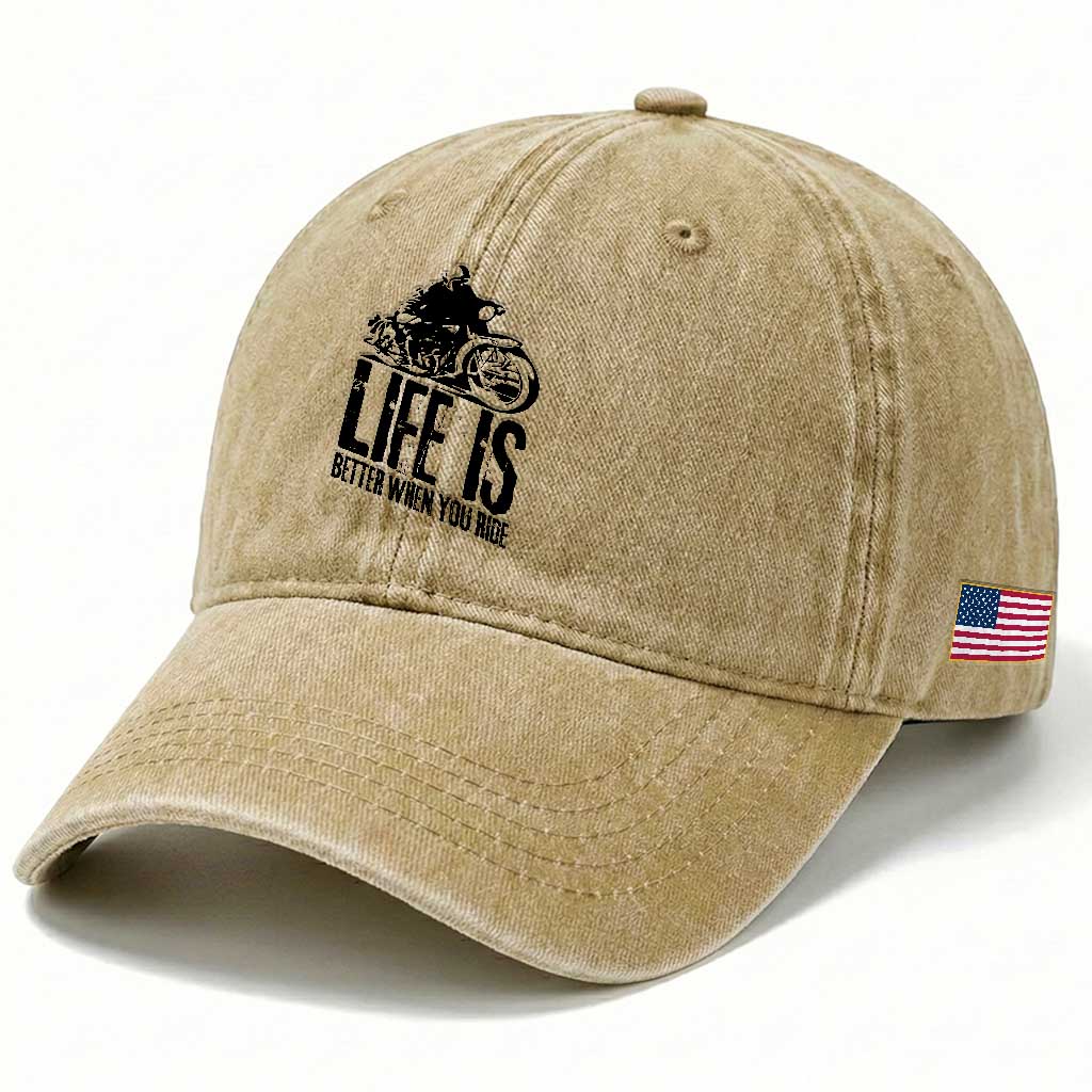Funny Motorcycle Biker Washed Cotton Baseball Cap Life Is Better When You Ride TS14 Print Your Wear