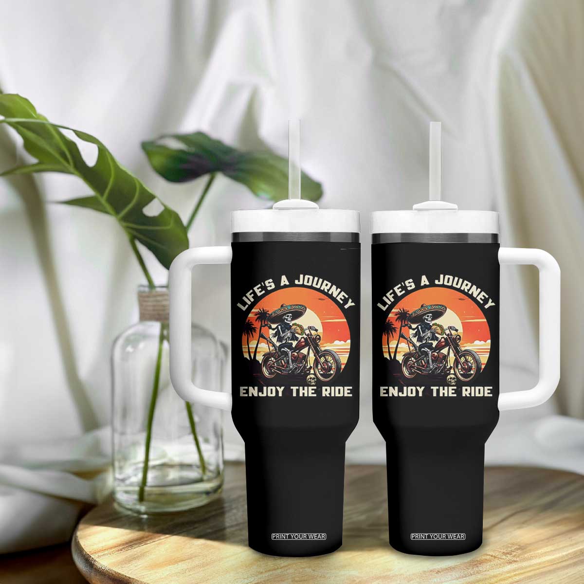 Funny Skeleton Mexican Motorcycle Biker Tumbler With Handle Life Is A Journey Enjoy the Ride TS14 Print Your Wear
