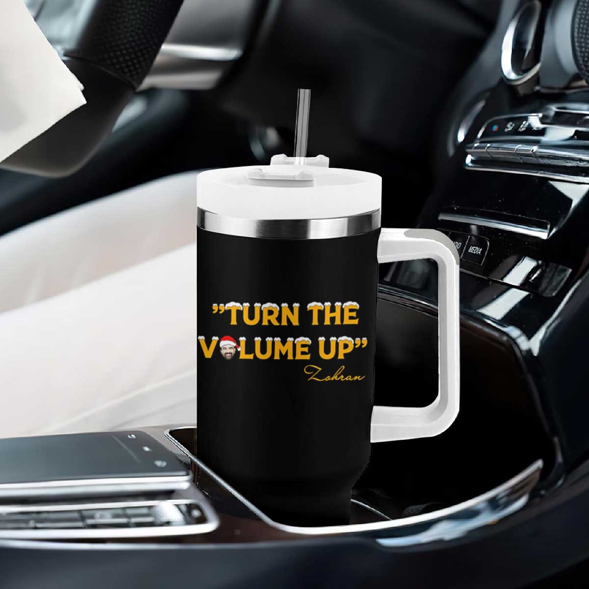 Turn The Volume Up Tumbler With Handle Zohran Mamdani Christmas - Print Your Wear