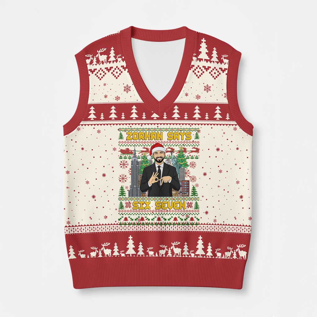 67 Six Seven Zohran Mamdani Xmas V-Neck Knit Sweater Vest Progressive Democrats TS14 Beige Red Print Your Wear