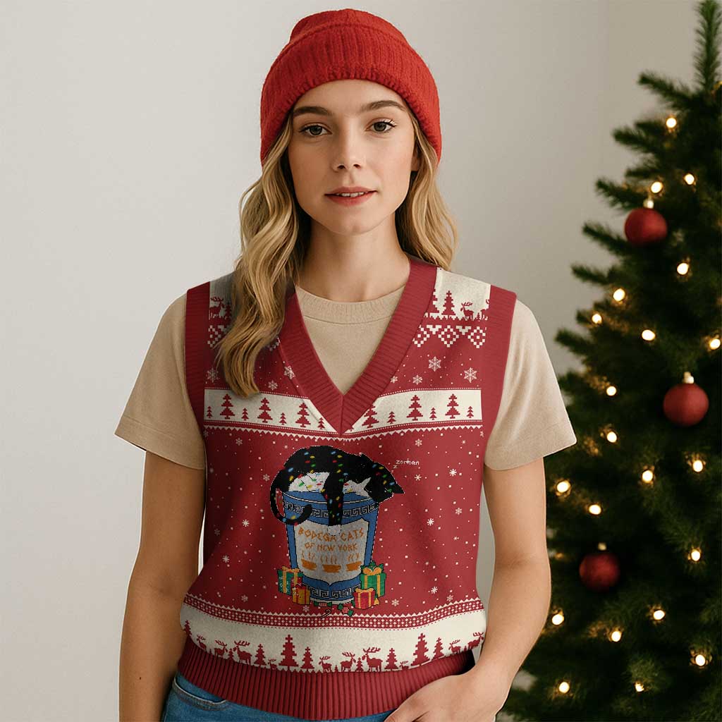 Bodega Cats of New York V-Neck Knit Sweater Vest Funny Democrat Xmas TS14 Red Beige Print Your Wear