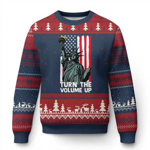 Turn The Volume Up Ugly Christmas Sweater Statue of Liberty Patriotic American Flag TS14 Navy Red Print Your Wear