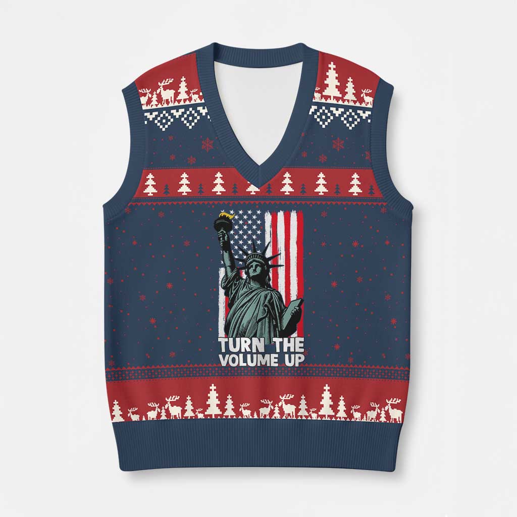Turn The Volume Up V-Neck Knit Sweater Vest Statue of Liberty Patriotic American Flag TS14 Navy Red Print Your Wear