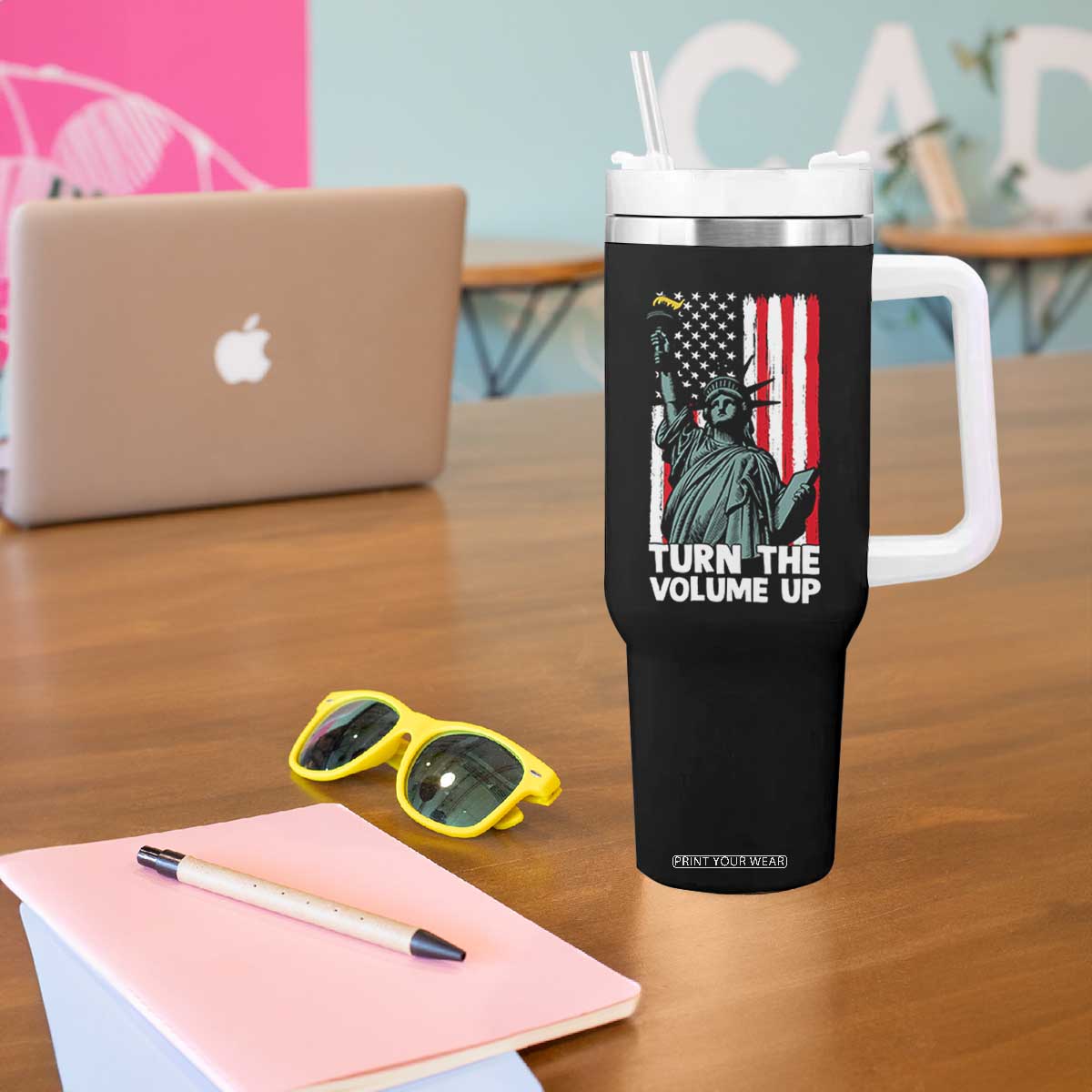 Turn The Volume Up Tumbler With Handle Statue of Liberty Patriotic American Flag TS14 Print Your Wear
