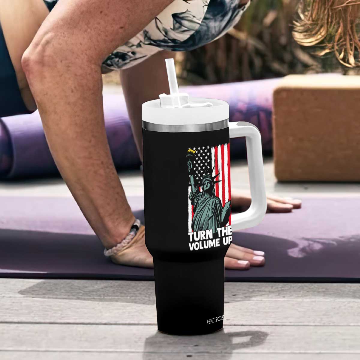 Turn The Volume Up Tumbler With Handle Statue of Liberty Patriotic American Flag TS14 Print Your Wear