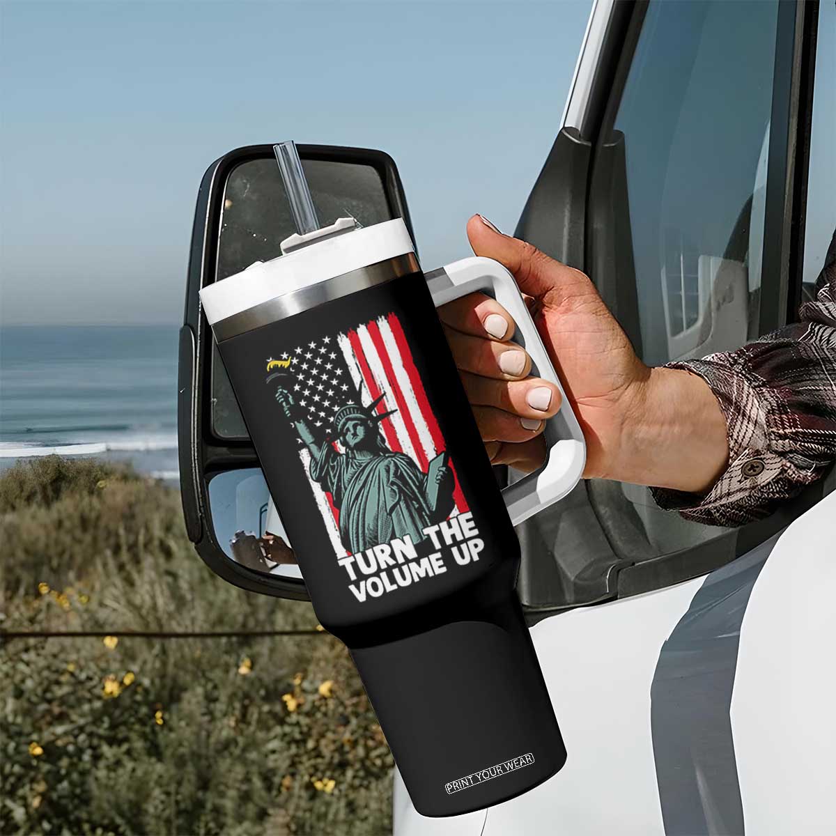 Turn The Volume Up Tumbler With Handle Statue of Liberty Patriotic American Flag TS14 Print Your Wear