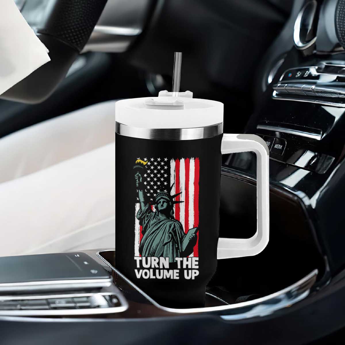 Turn The Volume Up Tumbler With Handle Statue of Liberty Patriotic American Flag TS14 Print Your Wear