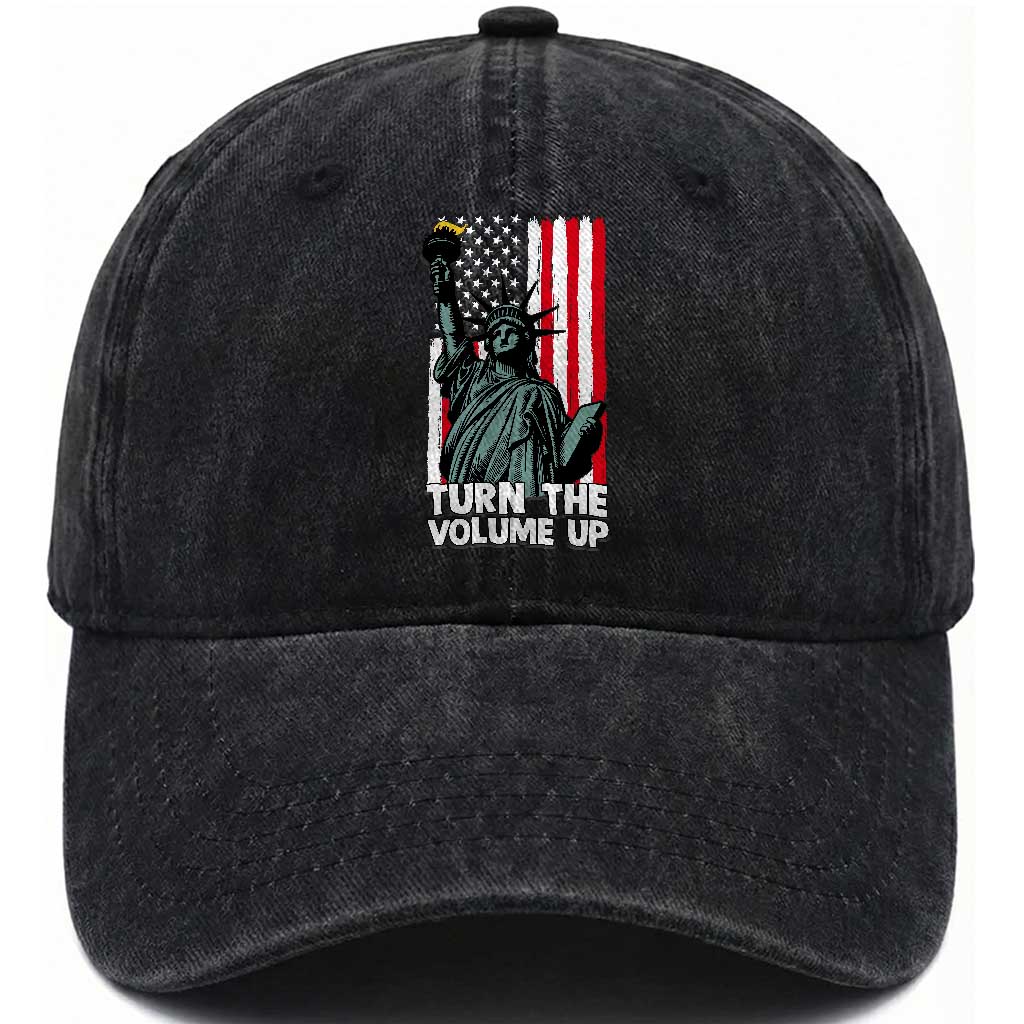 Turn The Volume Up Washed Cotton Baseball Cap Statue of Liberty Patriotic American Flag TS14 Washed Cap Universal Fit Black Print Your Wear