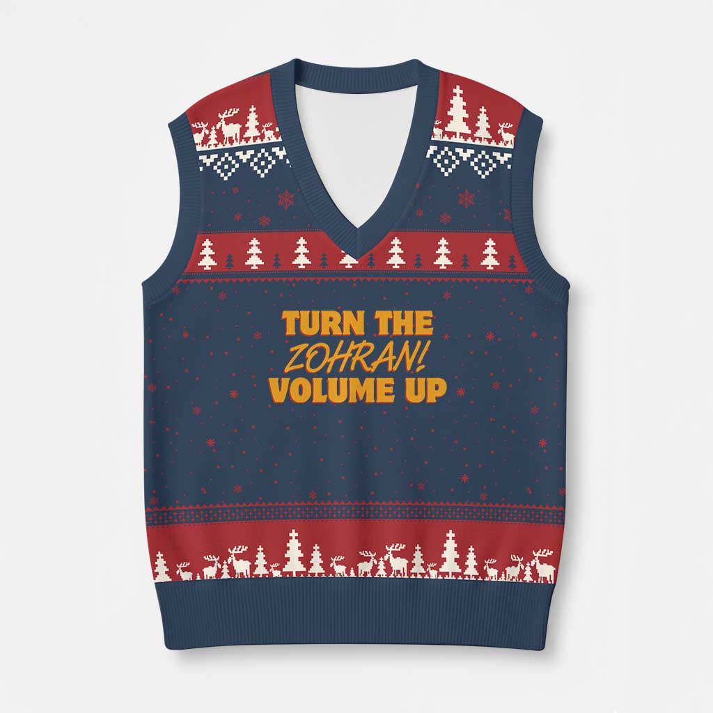 Turn The Volume Up V-Neck Knit Sweater Vest Zohran Mamdani TS14 Navy Red Print Your Wear