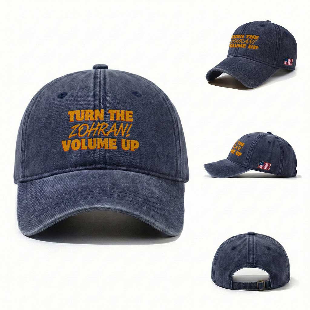 Turn The Volume Up Washed Cotton Baseball Cap Zohran Mamdani TS14 Washed Cap Universal Fit Navy Print Your Wear