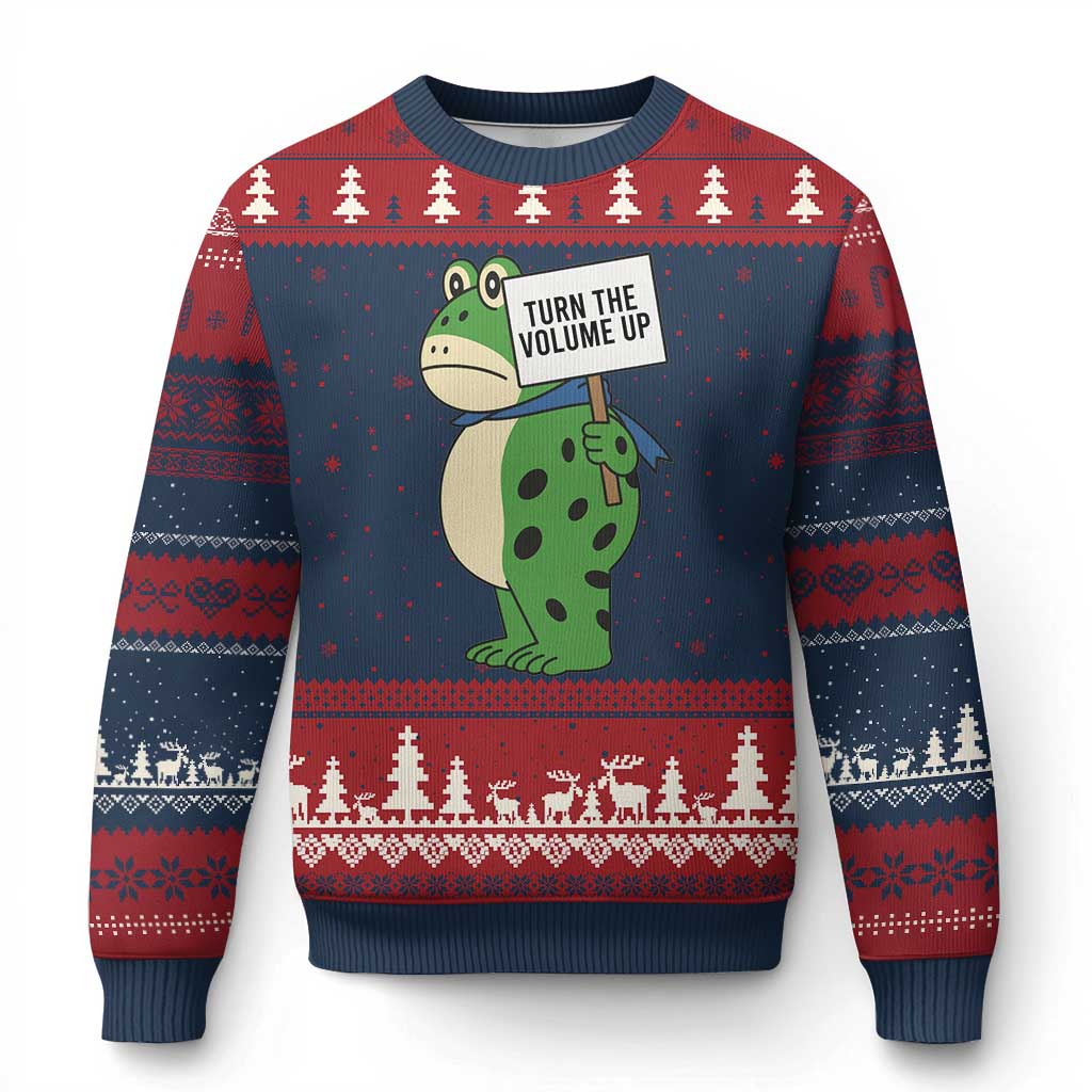 Turn The Volume Up Ugly Christmas Sweater Resist Frog Portland Protest TS14 Navy Red Print Your Wear