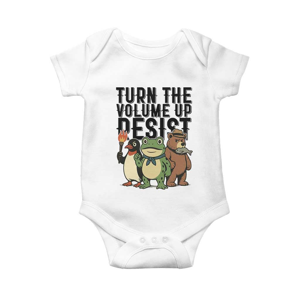 Turn The Volume Up Resist Baby Onesie Portland Frog Bear Penguin Protester TS14 White Print Your Wear