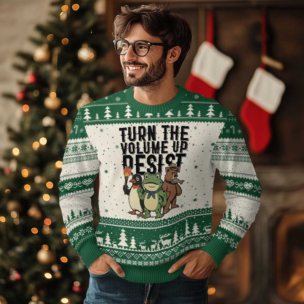 Turn The Volume Up Resist Ugly Christmas Sweater Portland Frog Bear Penguin Protester TS14 Beige Green Print Your Wear