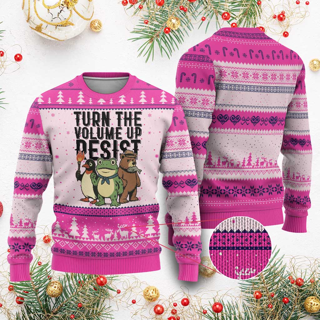 Turn The Volume Up Resist Ugly Christmas Sweater Portland Frog Bear Penguin Protester TS14 Hot Pink Print Your Wear