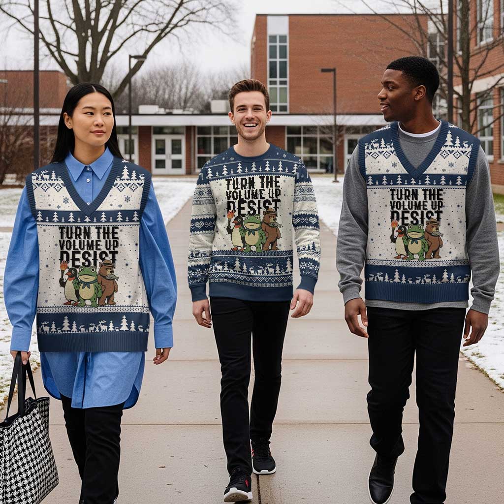 Turn The Volume Up Resist V-Neck Knit Sweater Vest Portland Frog Bear Penguin Protester TS14 Beige Navy Print Your Wear