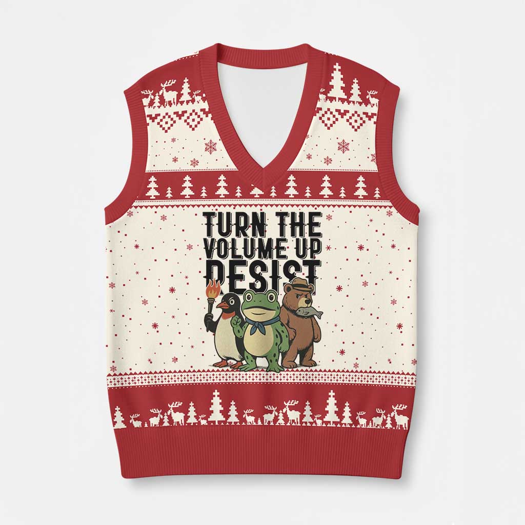 Turn The Volume Up Resist V-Neck Knit Sweater Vest Portland Frog Bear Penguin Protester TS14 Beige Red Print Your Wear
