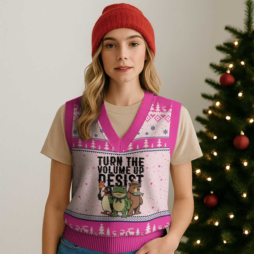 Turn The Volume Up Resist V-Neck Knit Sweater Vest Portland Frog Bear Penguin Protester TS14 Hot Pink Print Your Wear