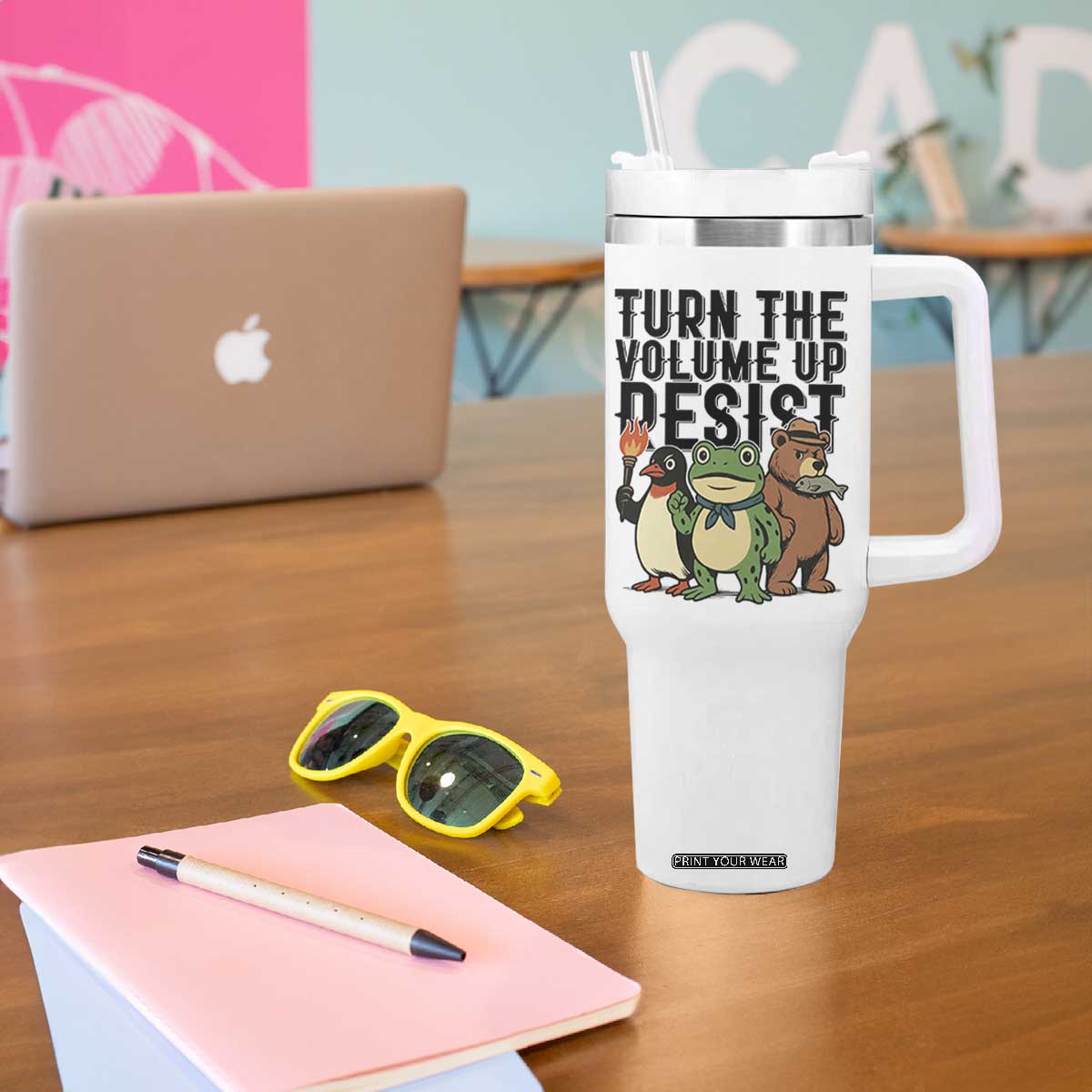 Turn The Volume Up Resist Tumbler With Handle Portland Frog Bear Penguin Protester TS14 Print Your Wear