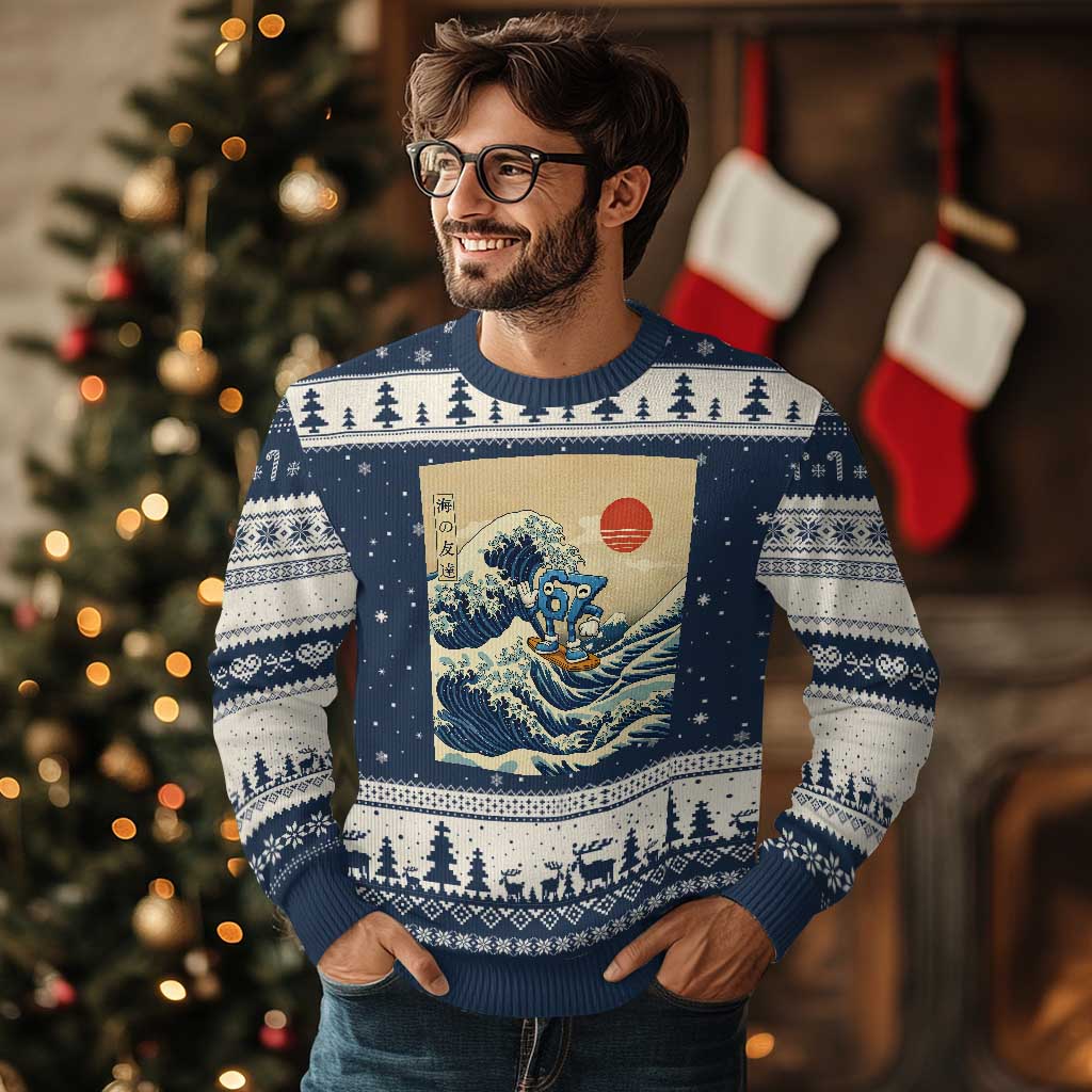 Funny Six Seven Surfing Ugly Christmas Sweater The Great Wave Kanagawa Japanese 67 Brainrot Meme TS14 Navy Beige Print Your Wear
