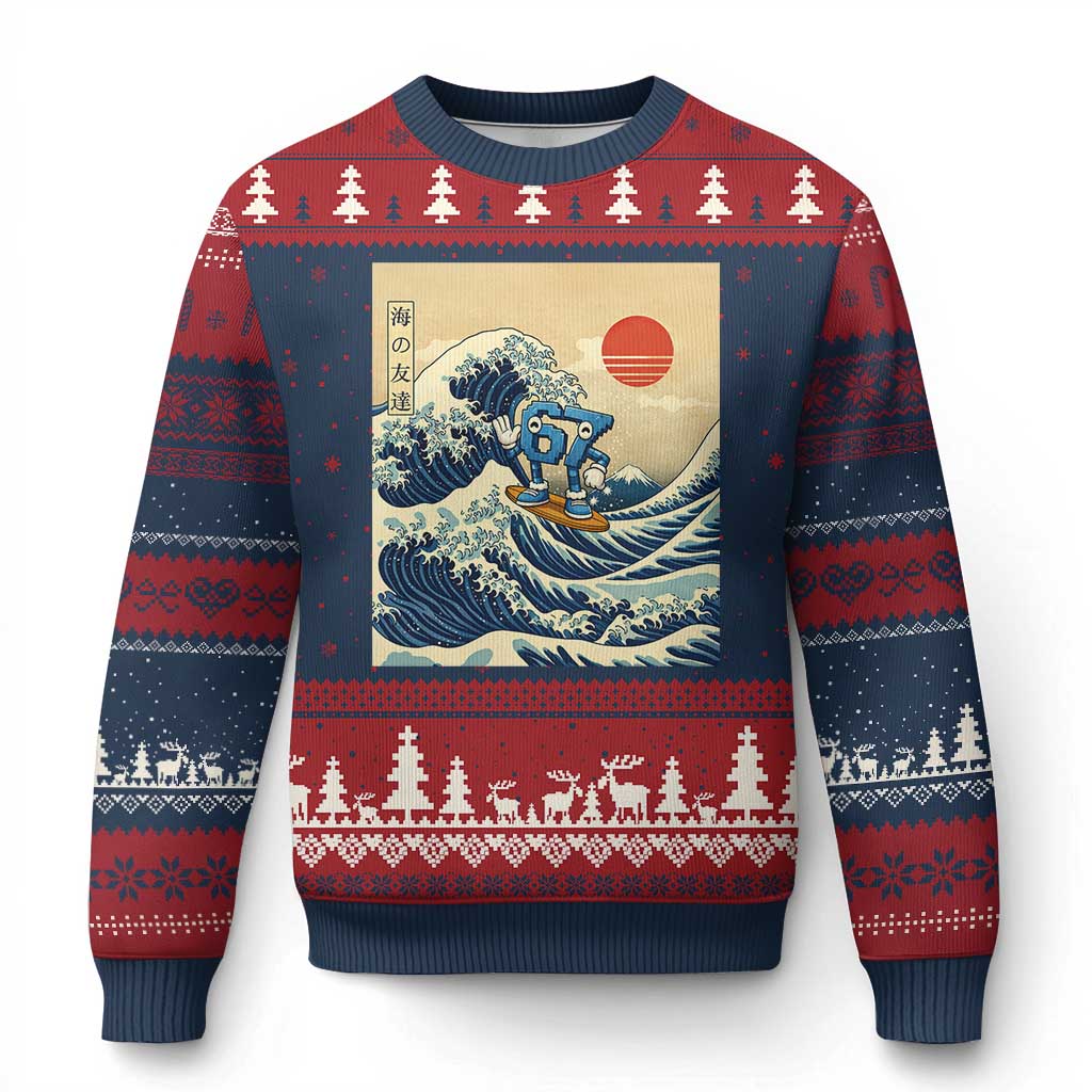 Funny Six Seven Surfing Ugly Christmas Sweater The Great Wave Kanagawa Japanese 67 Brainrot Meme TS14 Navy Red Print Your Wear