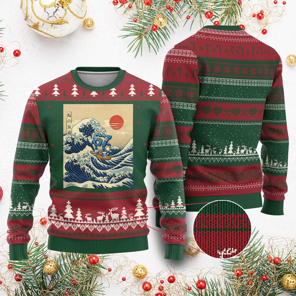 Funny Six Seven Surfing Ugly Christmas Sweater The Great Wave Kanagawa Japanese 67 Brainrot Meme TS14 Red Green Print Your Wear