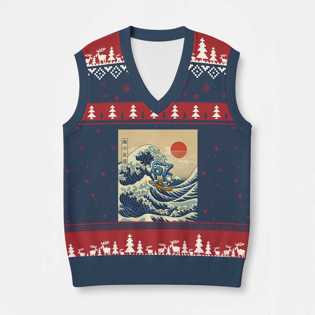 Funny Six Seven Surfing V-Neck Knit Sweater Vest The Great Wave Kanagawa Japanese 67 Brainrot Meme TS14 Navy Red Print Your Wear