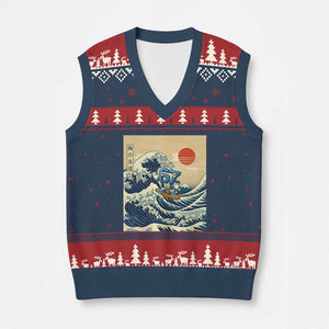 Funny Six Seven Surfing V-Neck Knit Sweater Vest The Great Wave Kanagawa Japanese 67 Brainrot Meme TS14 Navy Red Print Your Wear